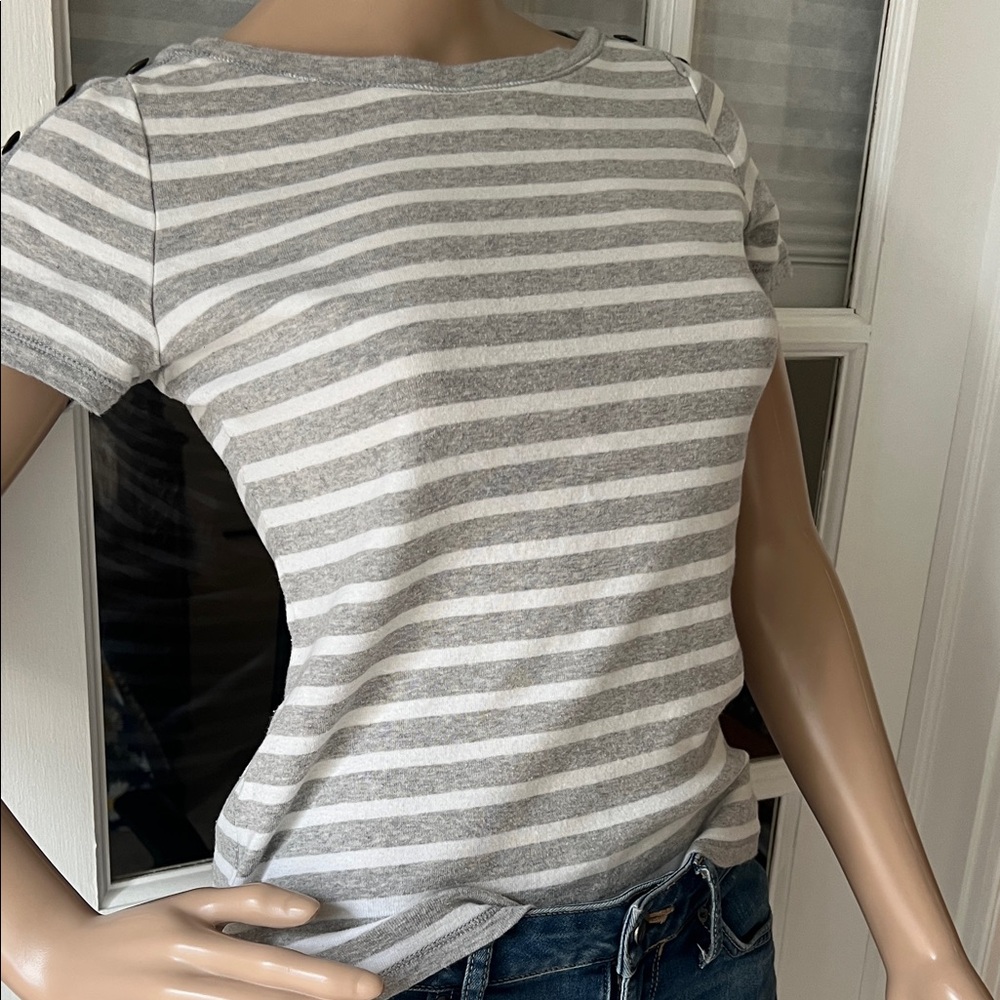 Lauren Ralph Lauren Gray and White Striped Short Sleeve Tee